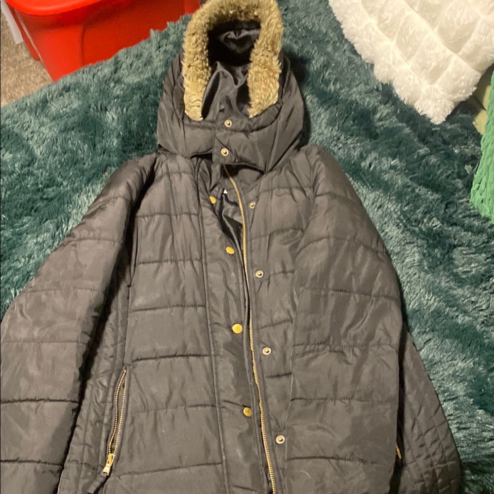 Black and Gold Puffer Jacket with Faux Fur Hood